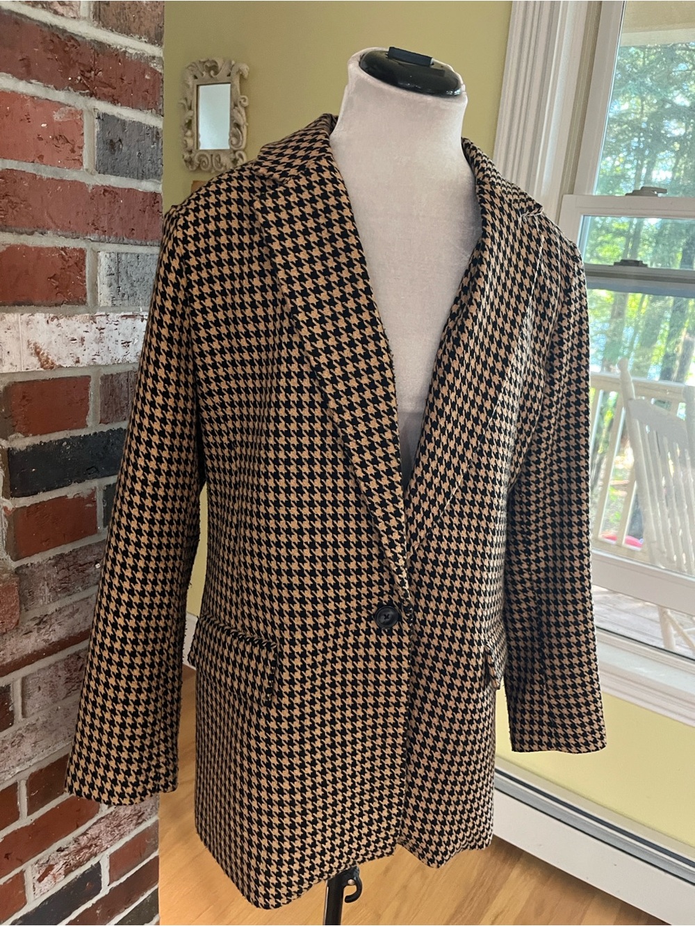 NINE WEST Black & Tan Vintage Houndstooth Wool Single Button Blazer XL NWOT - Picture 5 of 8